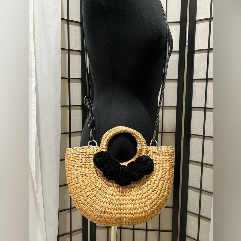 Sea & Grass CAMRYN POM-POM SEAGRASS TOP HANDEL Woven Tote Bag:
